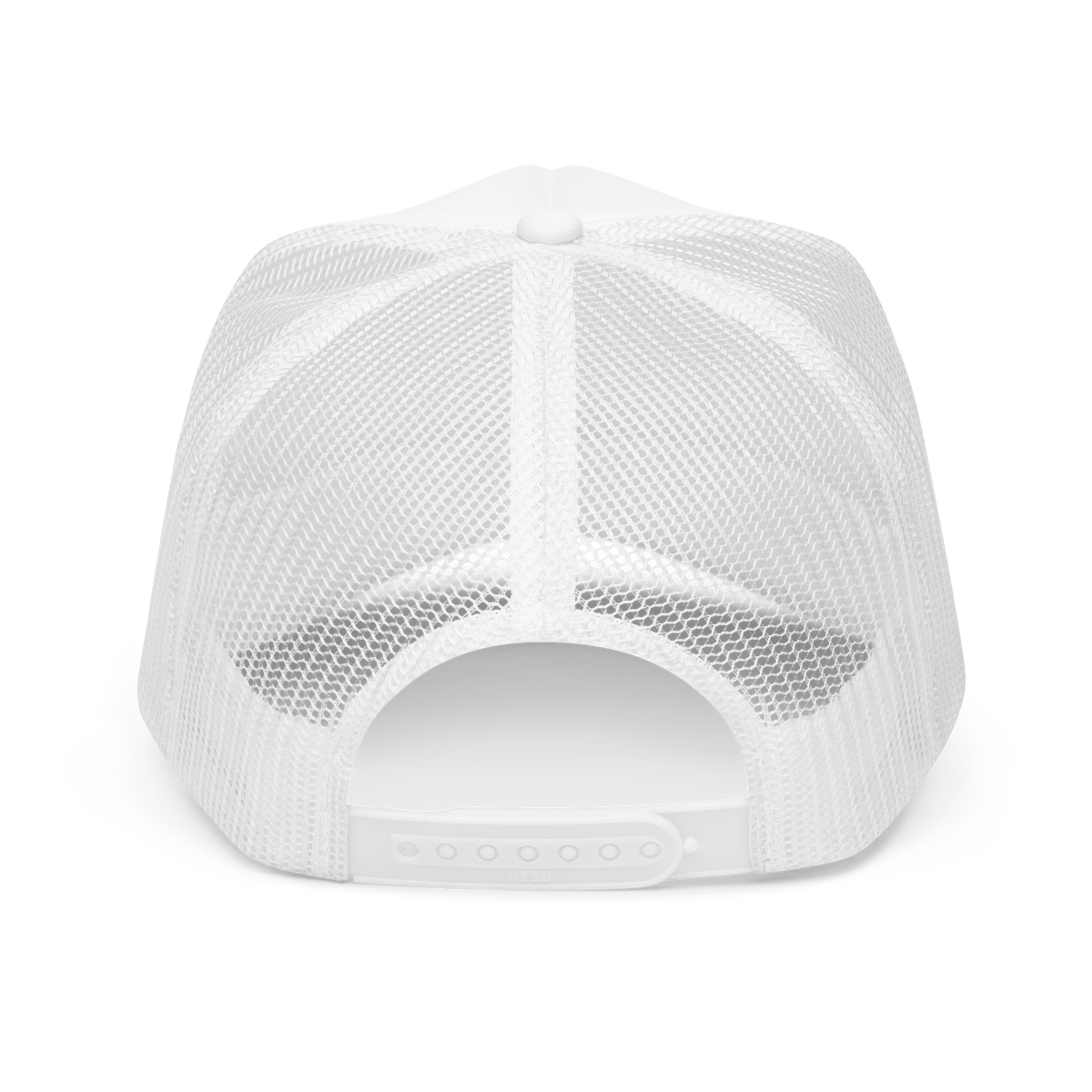 Back view of a white Flaunt It unisex foam trucker hat with breathable mesh panels and an adjustable plastic snap.