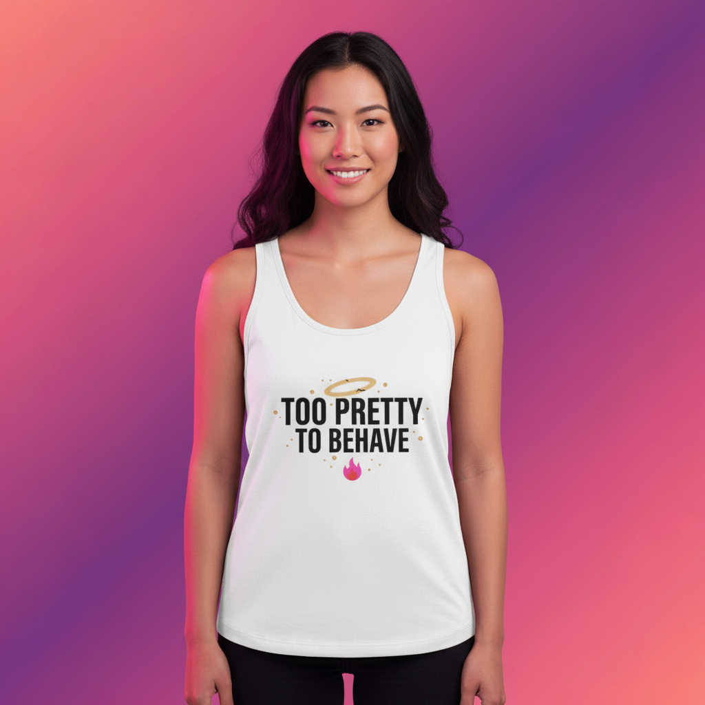 Flaunt It white unisex tank top with Too Pretty To Behave text, gold halo, and pink flame graphic on a smiling model