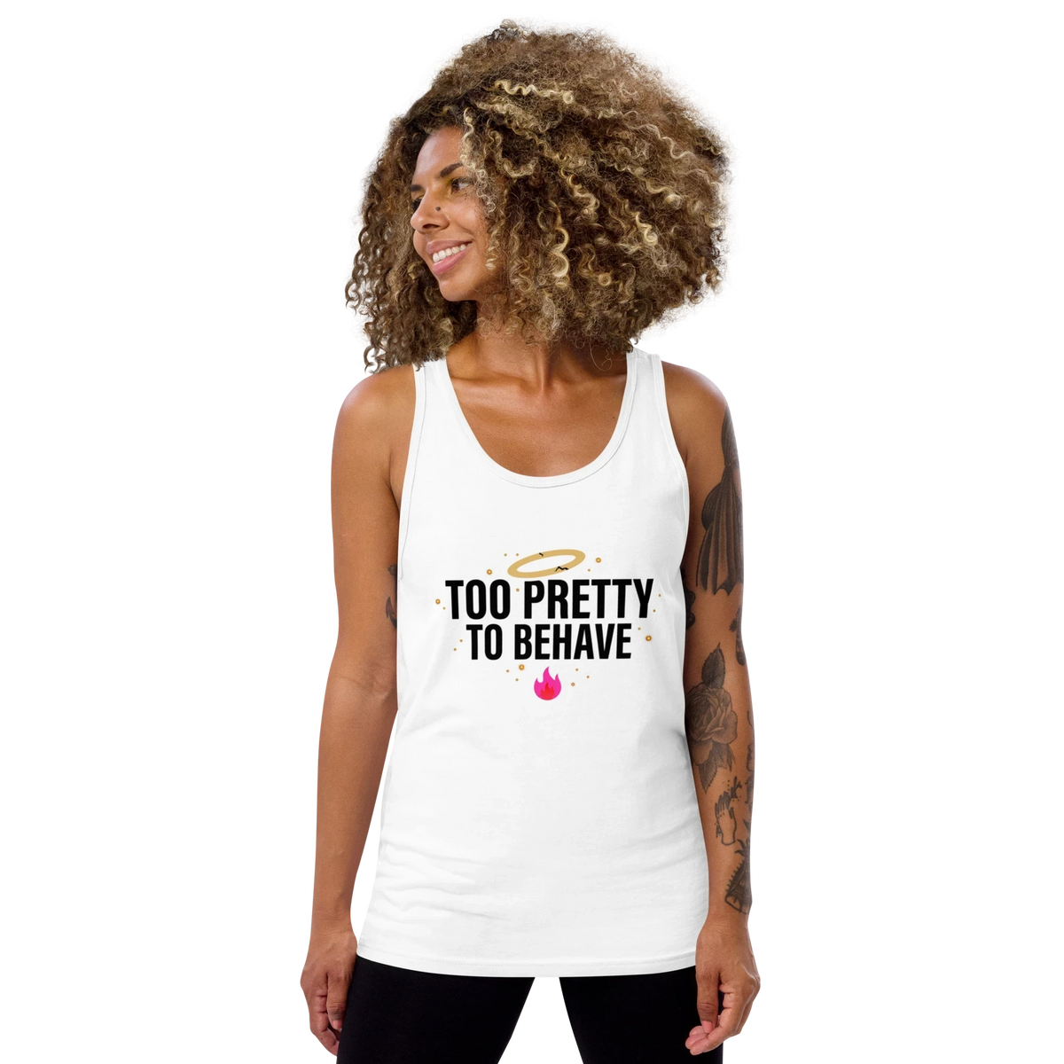 Flaunt It white unisex tank top with Too Pretty To Behave graphic, gold halo, and pink flame worn by a curly-haired model