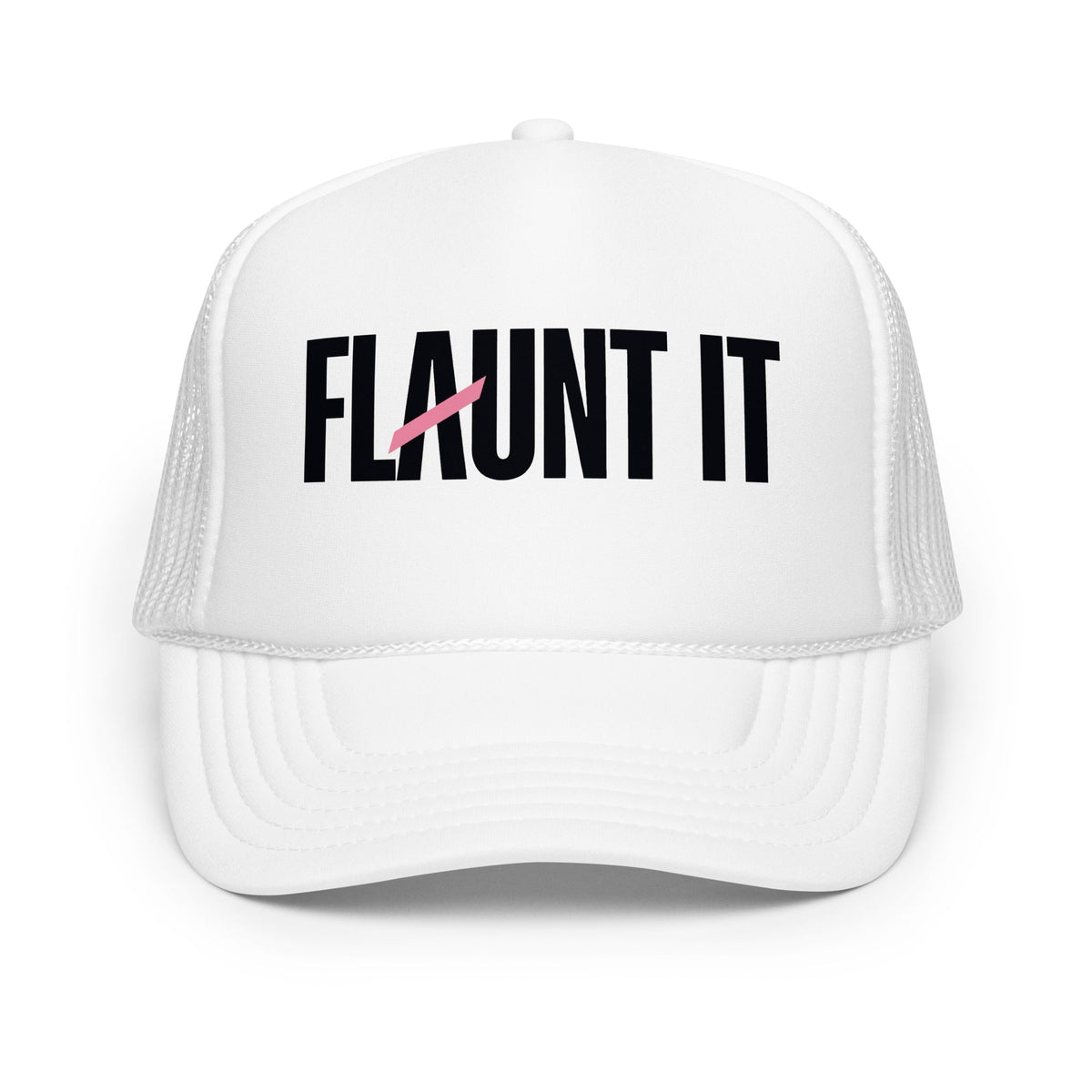 Flaunt It white structured 5-panel snapback cap with a black and pink logo graphic on the foam front panel