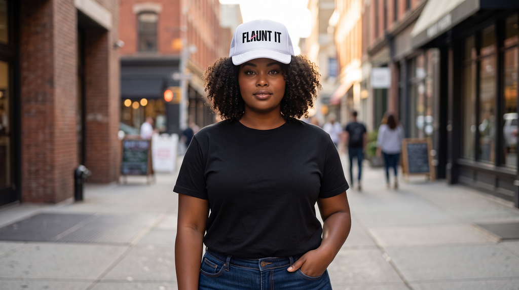 A woman wearing a white Flaunt It structured snapback cap with a black logo on a city street.