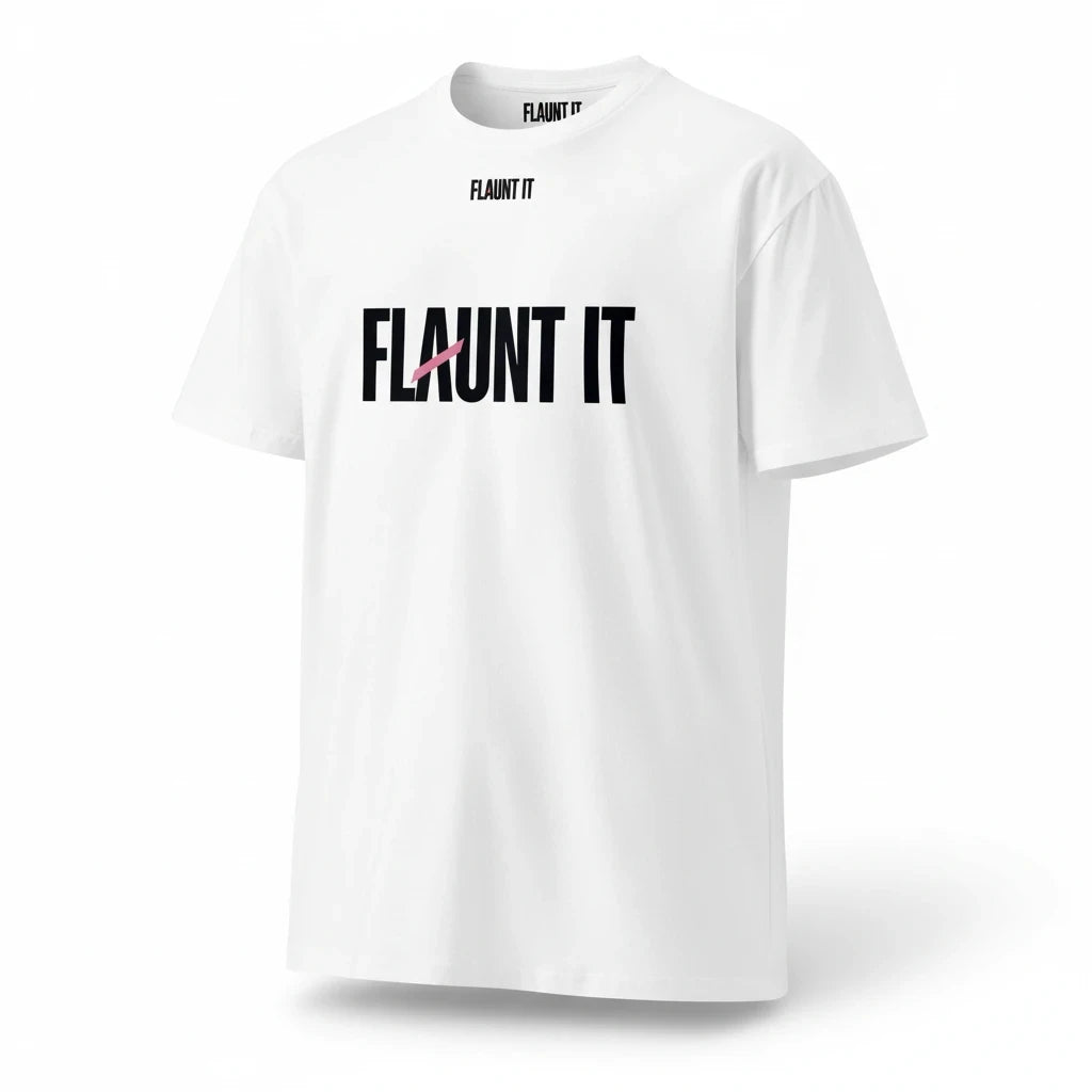 Flaunt It white unisex crew neck t-shirt featuring a bold black wordmark logo with a pink slash graphic