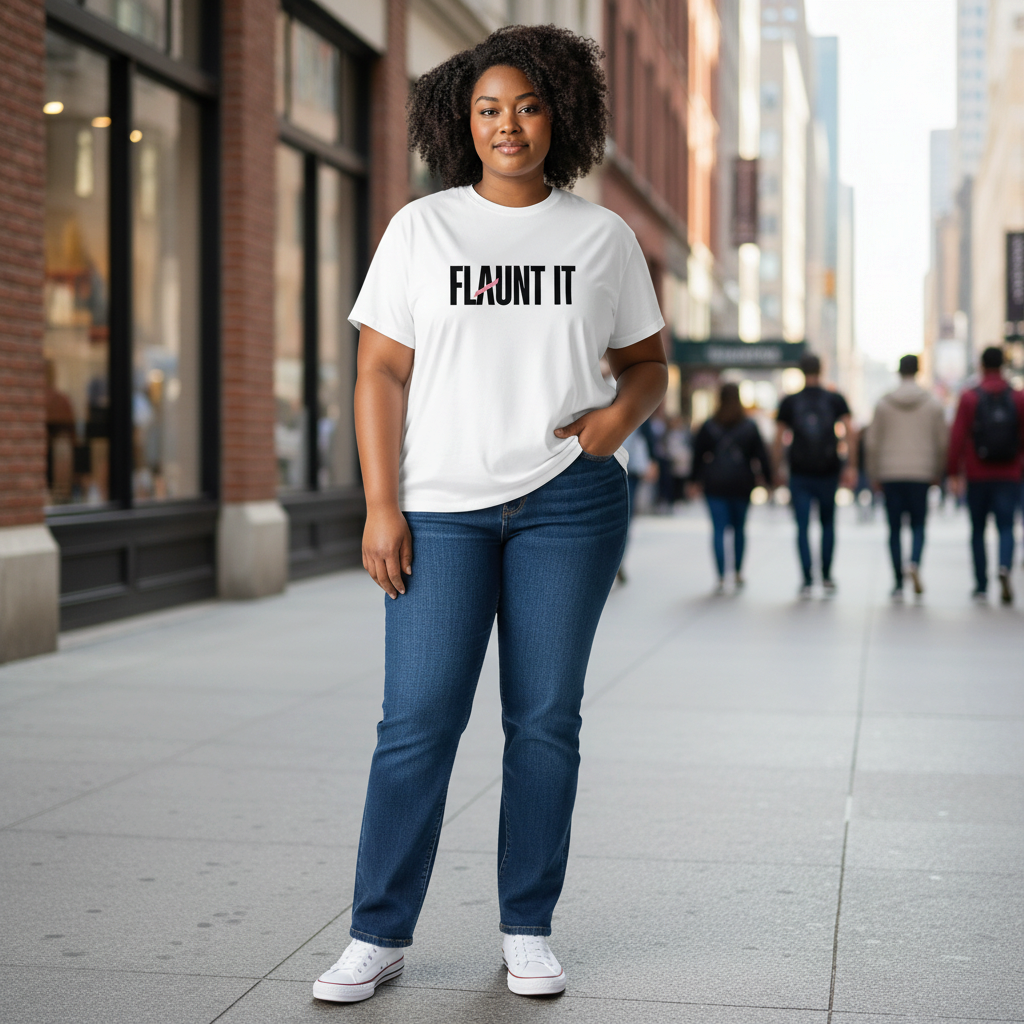 A woman wearing a Flaunt It white crew neck t-shirt with a pink slash logo, styled with blue jeans on a city street.