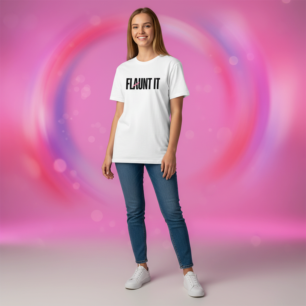 Woman wearing a white Flaunt It cotton crew neck t-shirt with a pink slash logo, styled with blue jeans and sneakers.