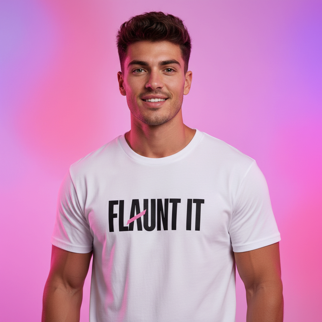 A smiling man wearing a Flaunt It white cotton crew neck t-shirt with a bold black logo and pink slash graphic.