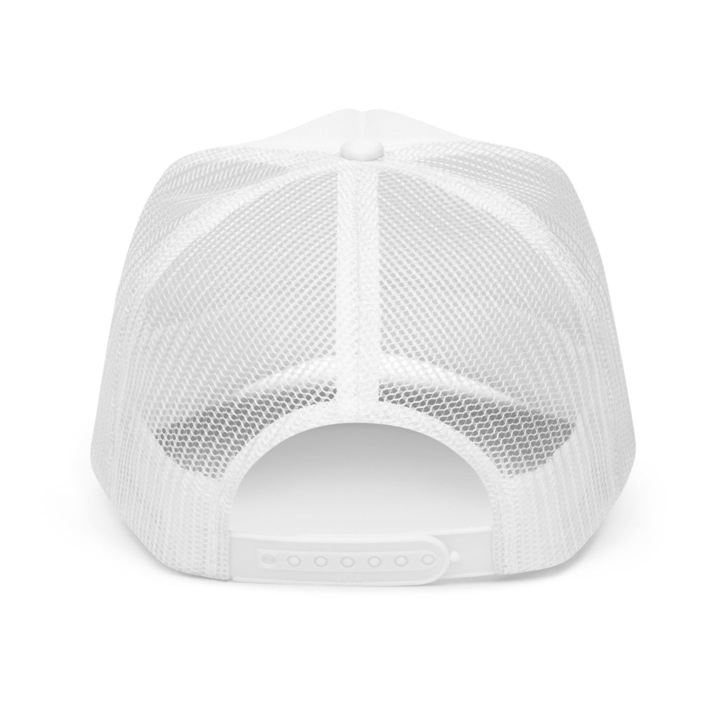 Back view of a white Flaunt It unisex snapback trucker hat with breathable mesh panels and an adjustable plastic strap.