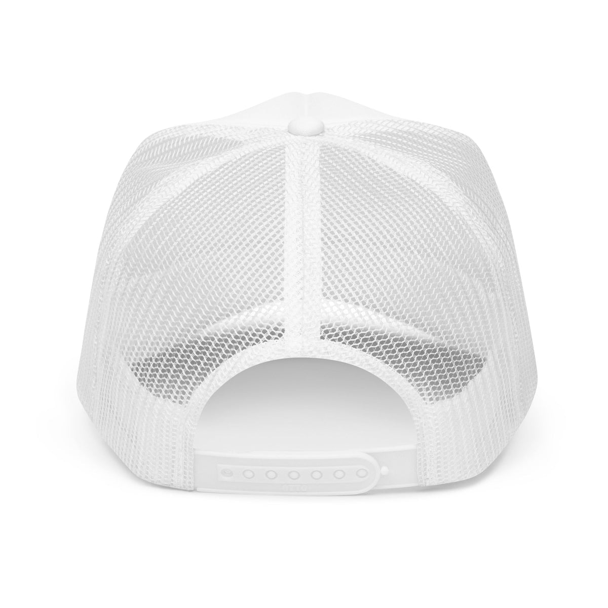 Back view of a white Flaunt It unisex snapback trucker hat with breathable mesh panels and an adjustable plastic strap.