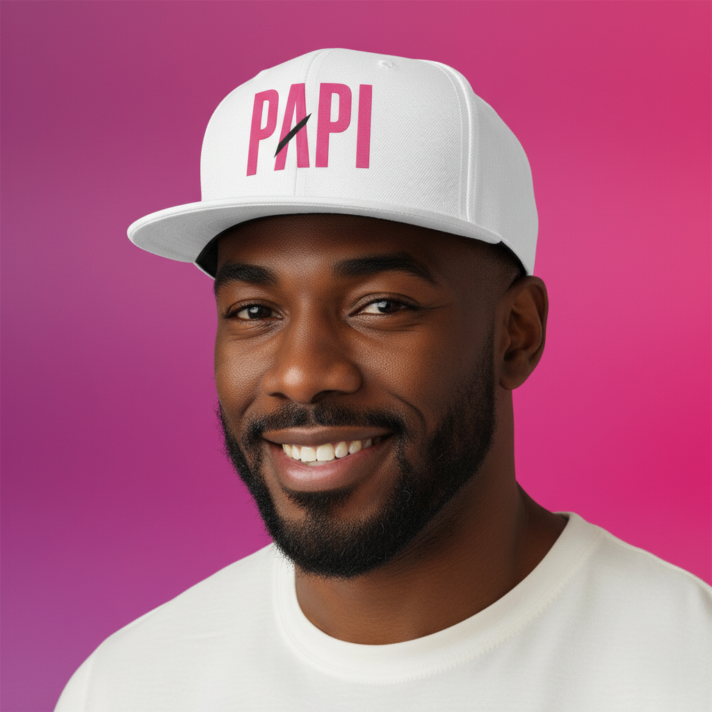 Flaunt It white structured snapback hat with pink PAPI embroidery and a black slash detail on a gradient background.