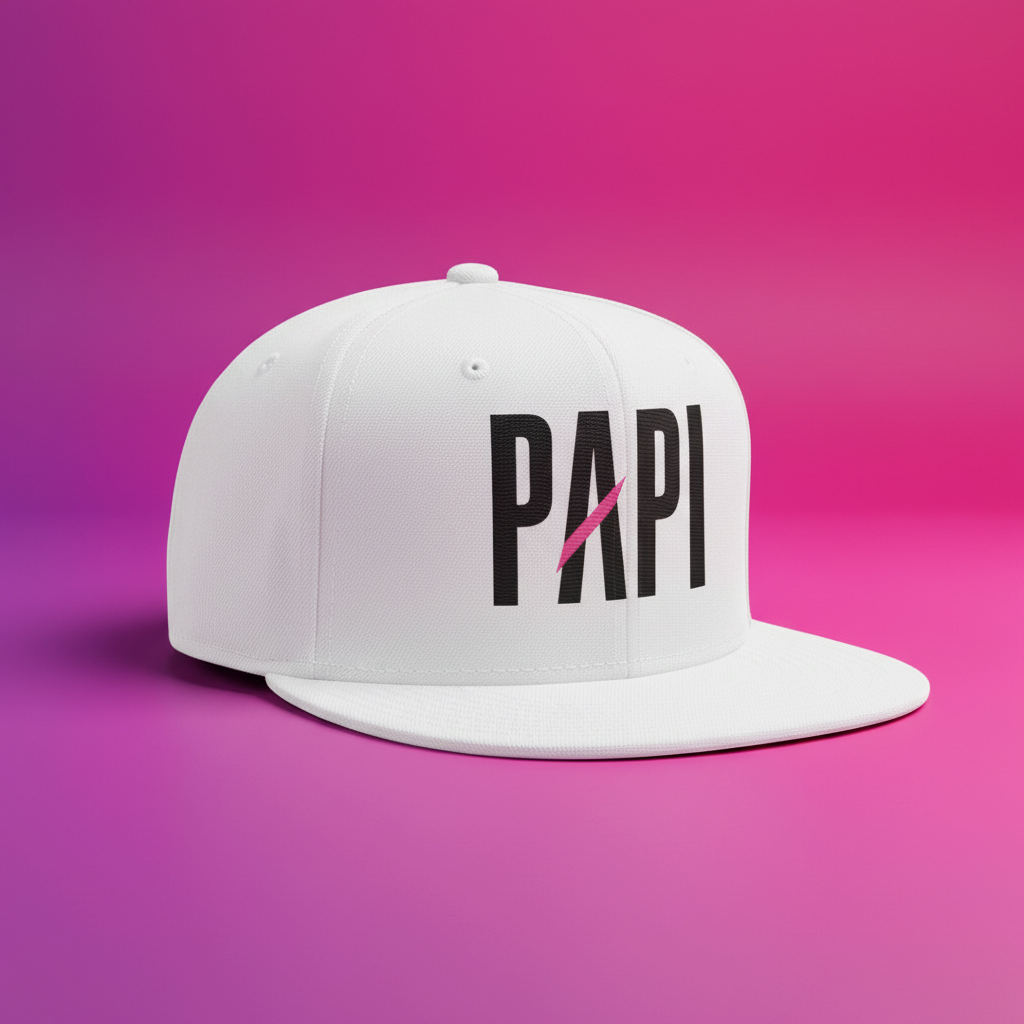 Flaunt It white snapback hat with black PAPI embroidery and a signature pink slash on a vibrant pink background
