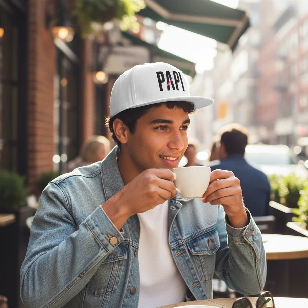 Flaunt It white snapback hat with PAPI embroidery worn by a man drinking coffee at an outdoor cafe