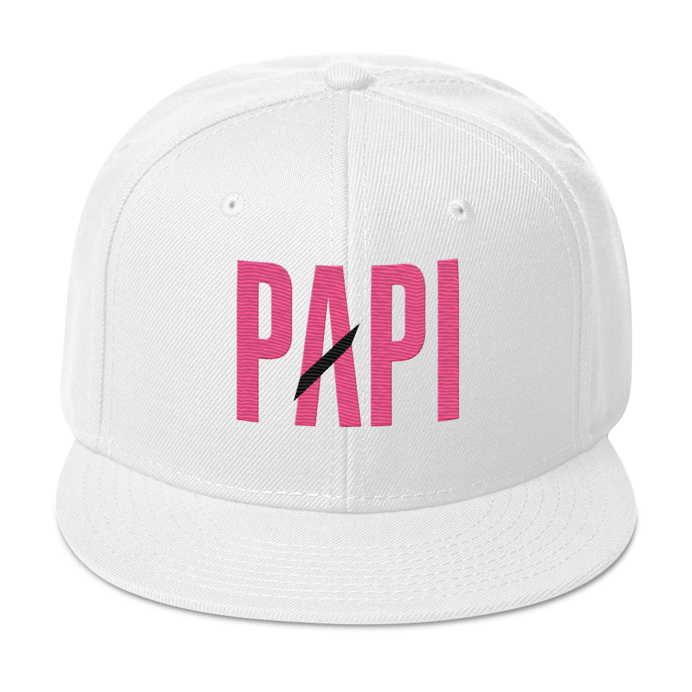 Flaunt It white structured snapback hat with PAPI embroidered in pink and a black slash detail on the front
