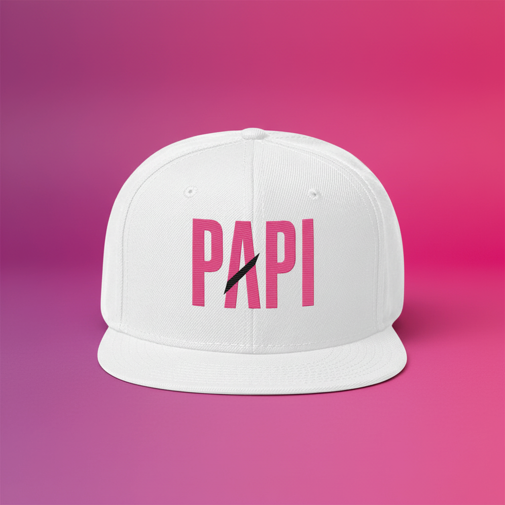 Flaunt It white structured snapback hat with pink PAPI embroidery and a black slash detail on a gradient background.