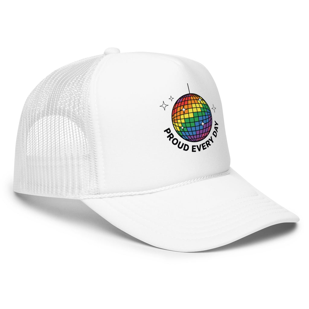 Flaunt It white 5-panel trucker cap with a rainbow disco ball graphic and Proud Every Day text on the front