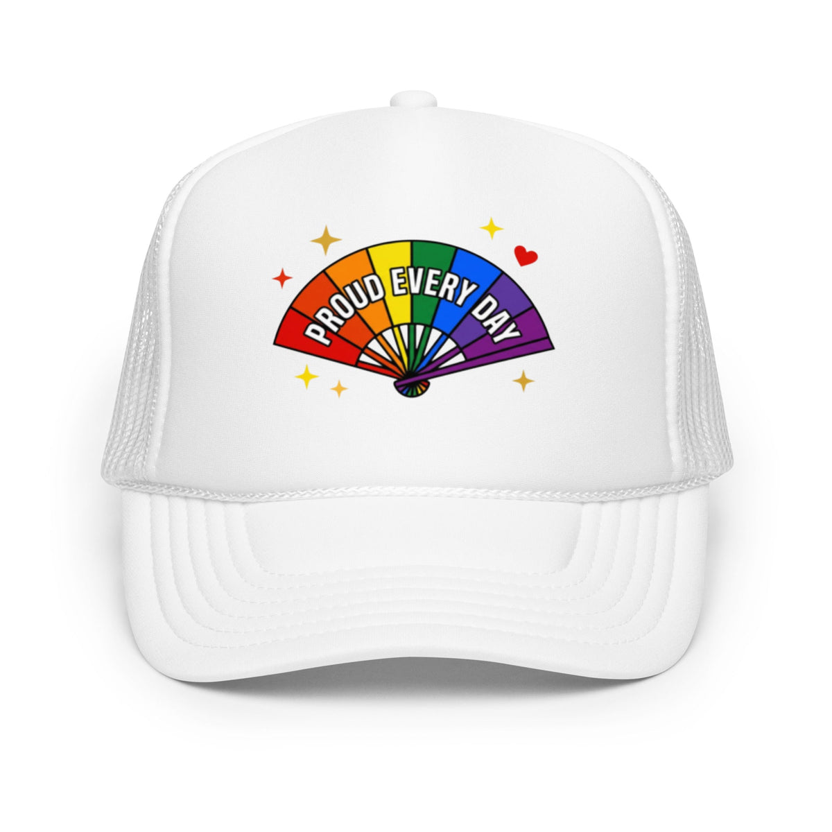 Flaunt It white foam trucker hat with a colorful rainbow fan graphic and Proud Every Day text on the front panel