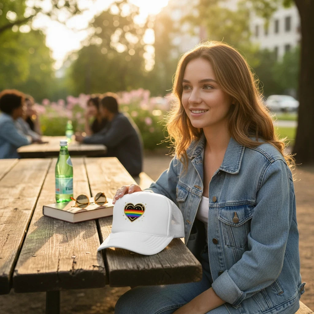 Flaunt It white foam trucker hat with a rainbow heart motif worn by a woman at an outdoor park picnic table