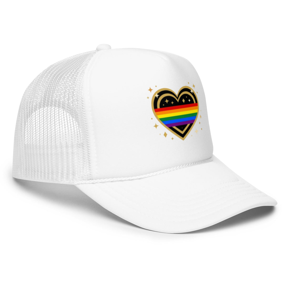 Flaunt It white foam trucker hat with a rainbow heart motif and matching braid detail on a breathable mesh back
