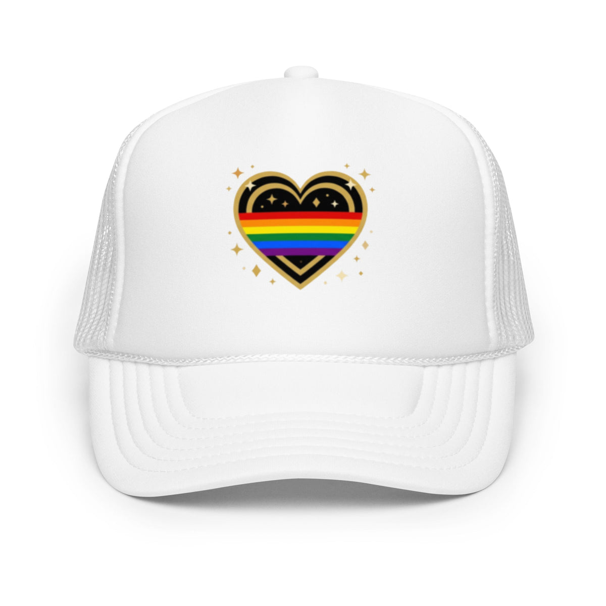 Flaunt It white foam trucker hat featuring a central rainbow heart motif with gold stars on a structured 5-panel cap.