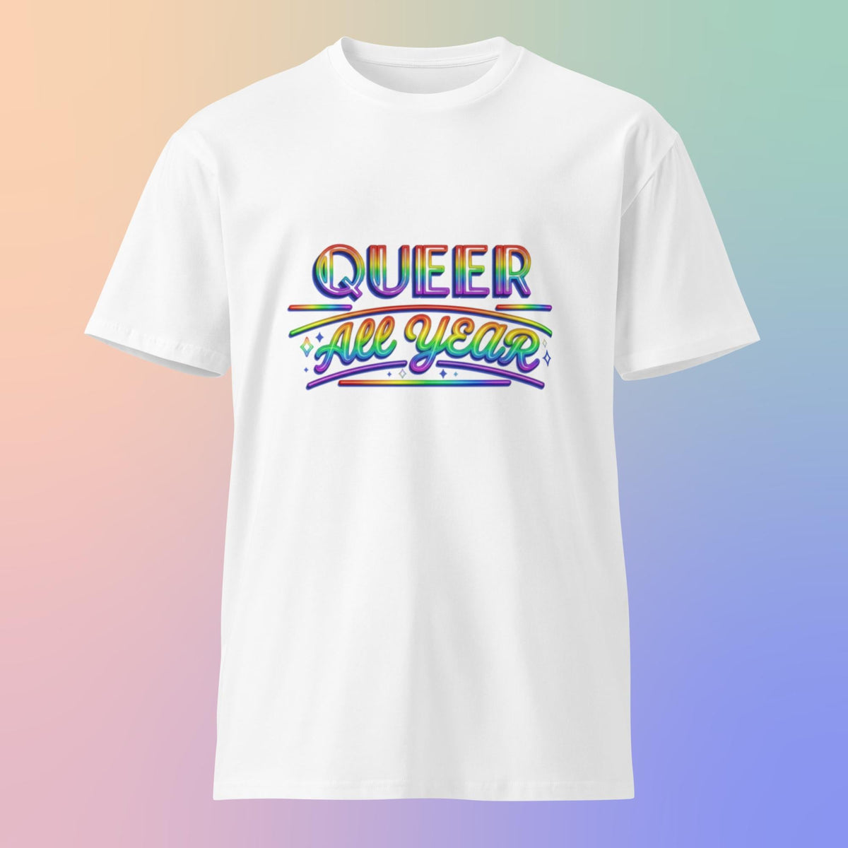 Flaunt It white cotton unisex crew neck t-shirt featuring a neon rainbow Queer All Year graphic print