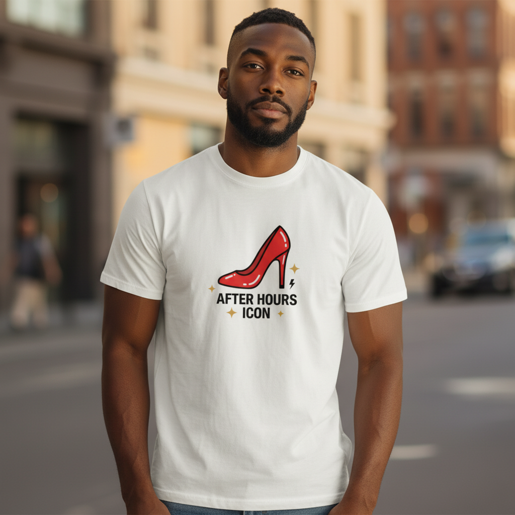 Flaunt It white premium cotton crew neck t-shirt featuring a red high heel graphic and After Hours Icon text