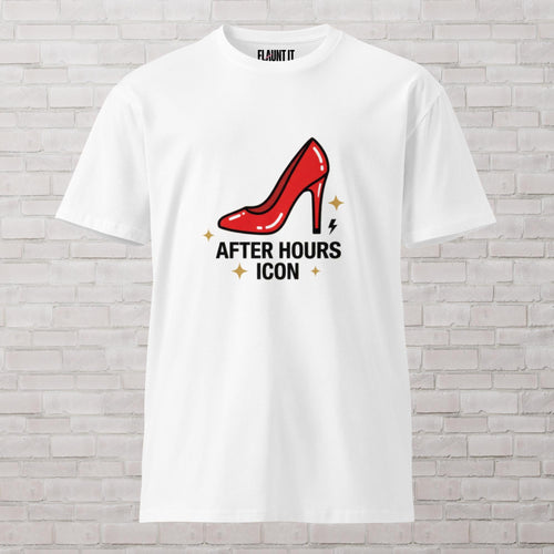 Flaunt It white premium cotton crew neck t-shirt featuring a red high heel graphic and After Hours Icon text.