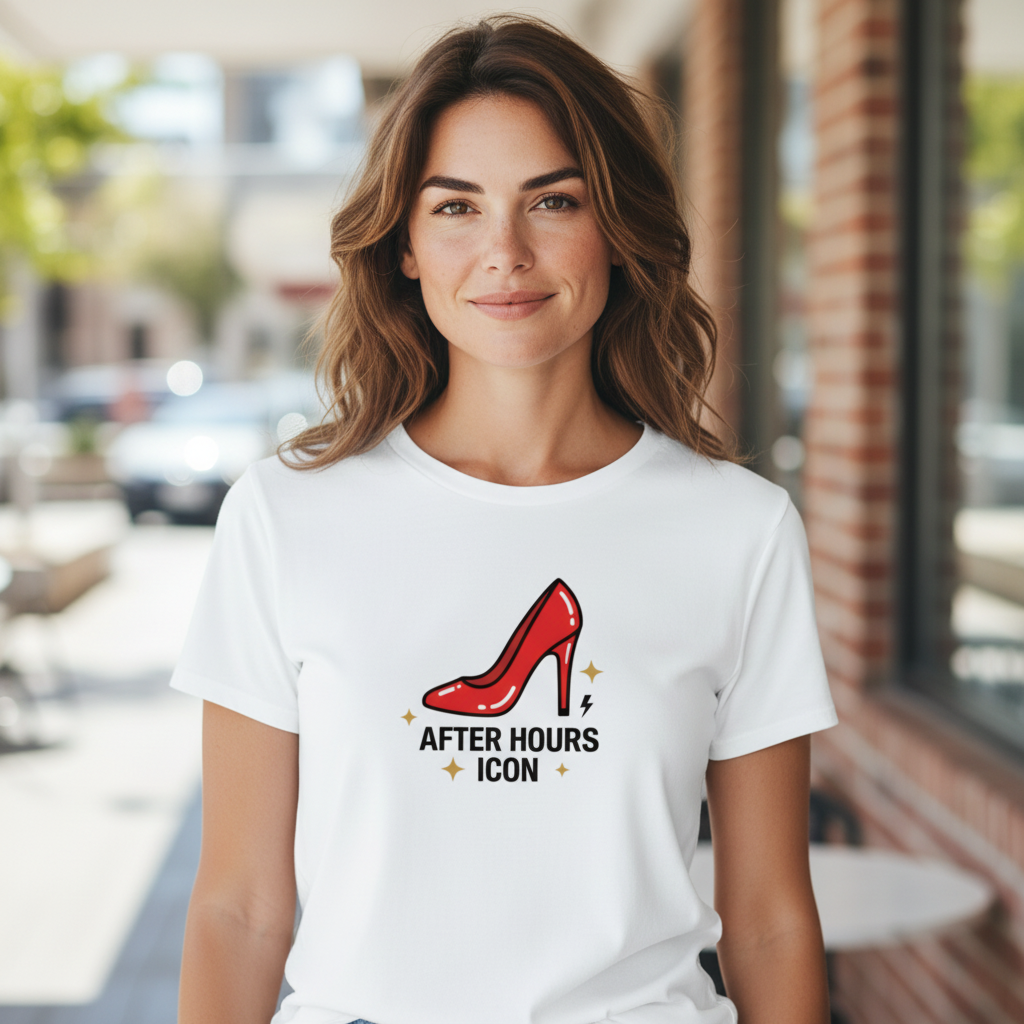 A woman wearing a white Flaunt It premium cotton crew neck t-shirt featuring a red high heel graphic.