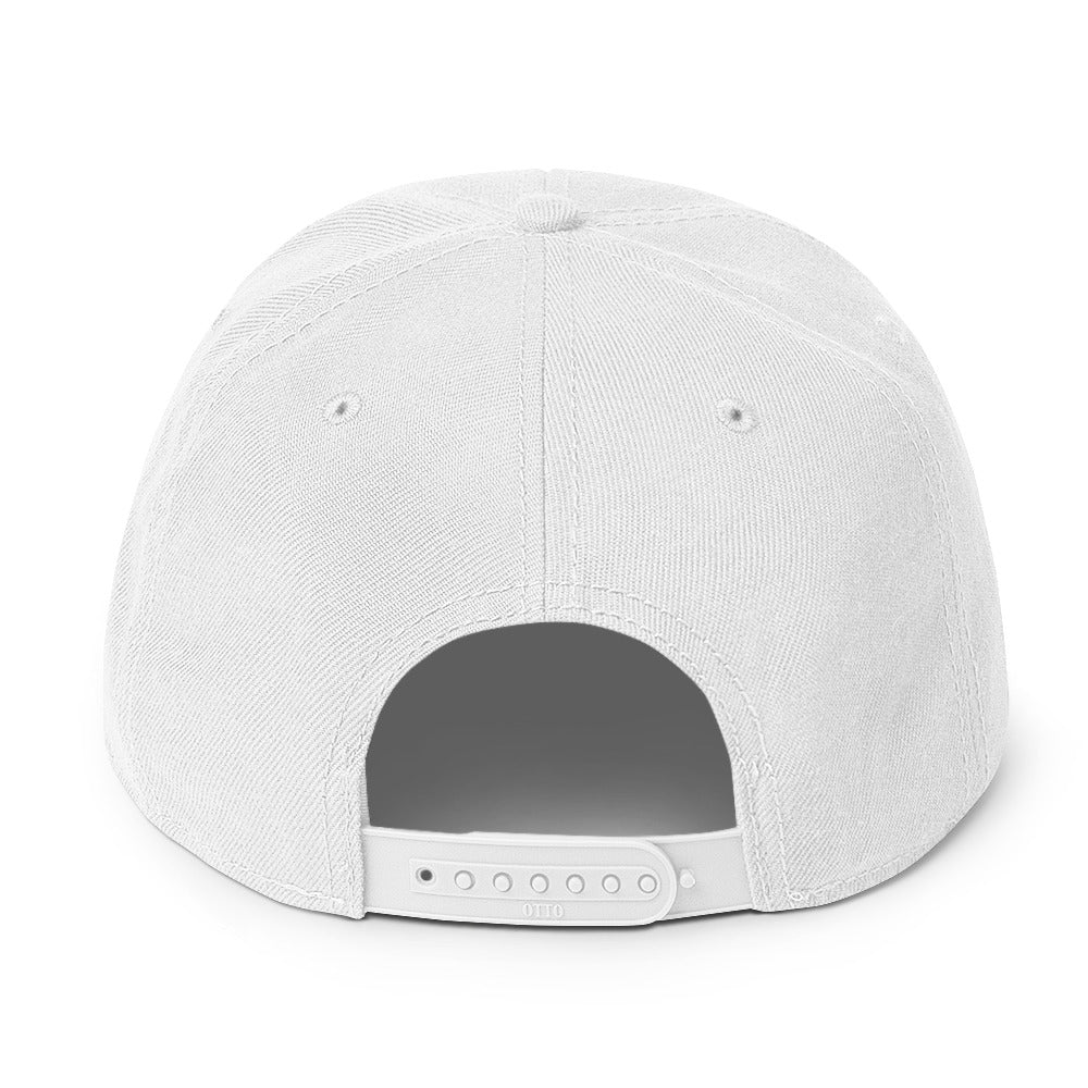 Flaunt It white structured snapback hat, back view showing the adjustable plastic snap closure and high-profile design.
