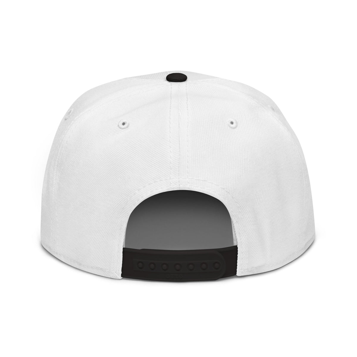 Flaunt It white snapback hat with a black plastic snap closure and grey under visor, back view.