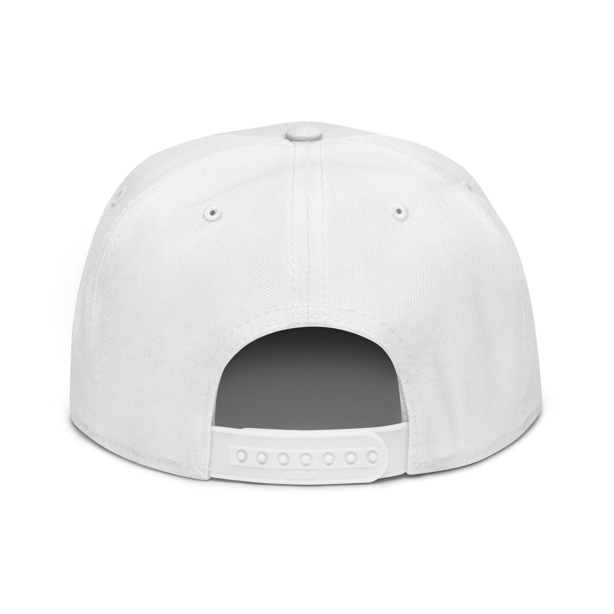 Flaunt It white snapback hat showing the back view with a plastic adjustable snap closure and grey under visor