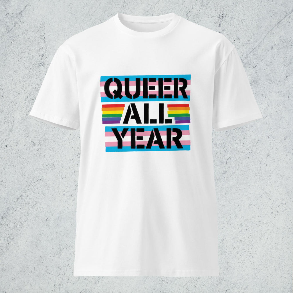 Flaunt It white crew neck cotton t-shirt featuring a Queer All Year graphic with trans pride flag stripes.