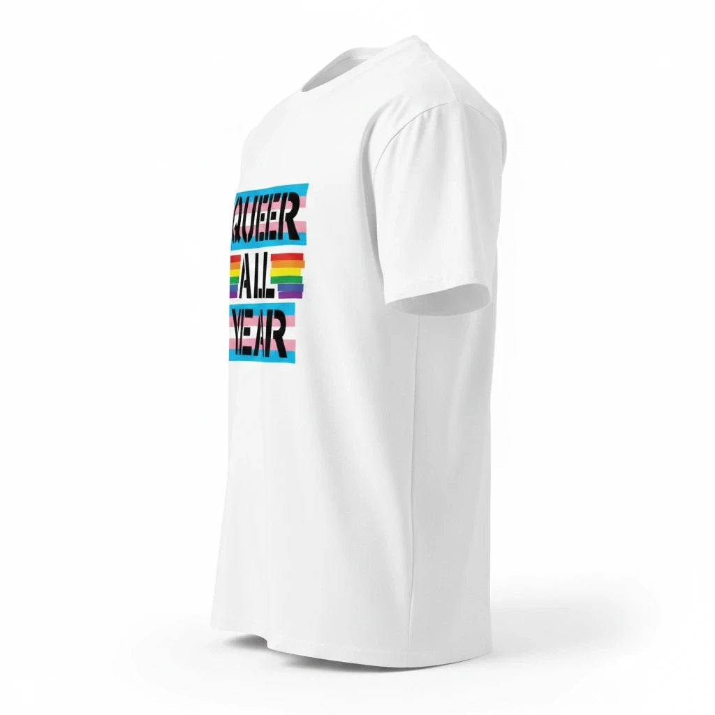Flaunt It white premium cotton crew neck t-shirt featuring Queer All Year text with trans pride flag stripes.