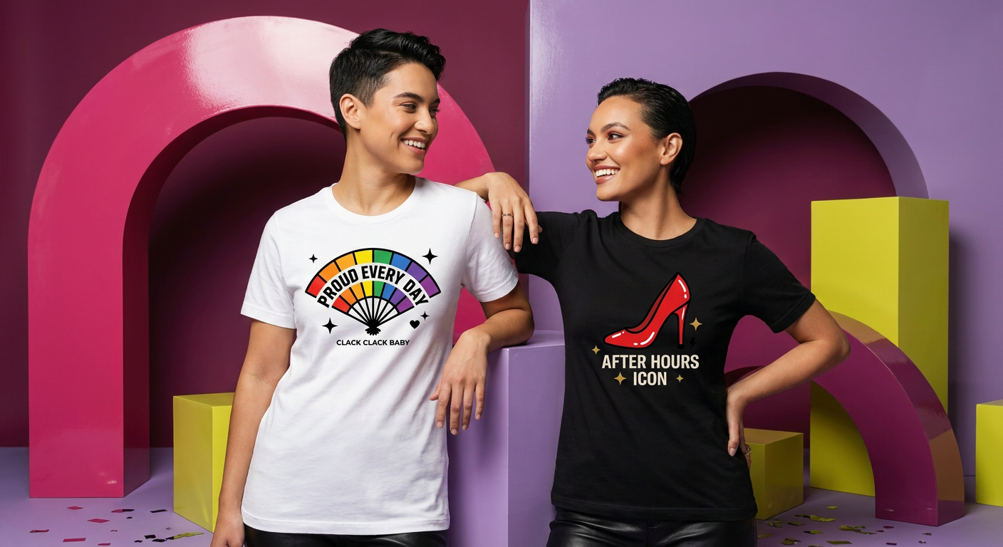 Two models posing in graphic t-shirts against a colorful purple and pink studio backdrop. The model on the left wears a white t-shirt with a rainbow graphic reading 'PROUD EVERYDAY CLASS CLASH BANS'.
