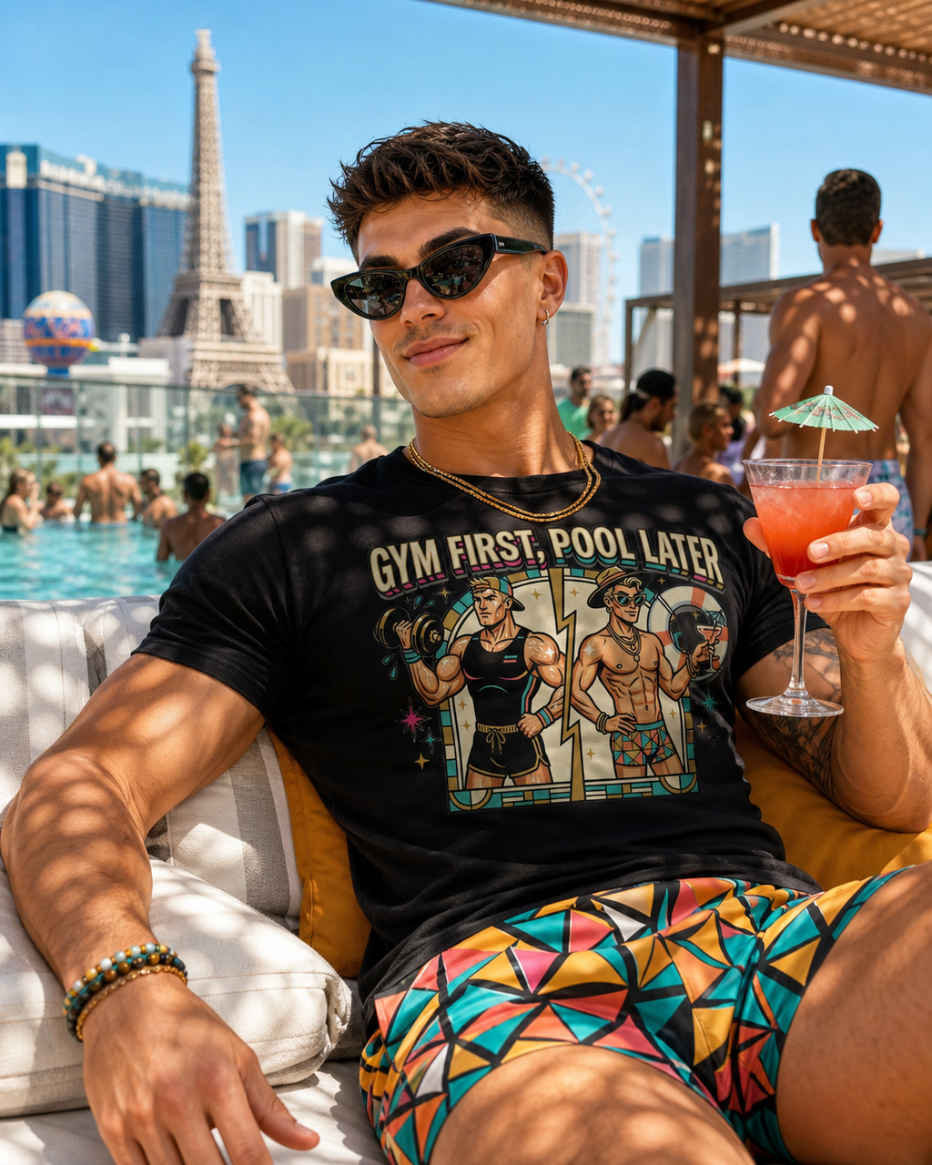 Gym First Pool Later Maximal - Premium Tee - Unisex