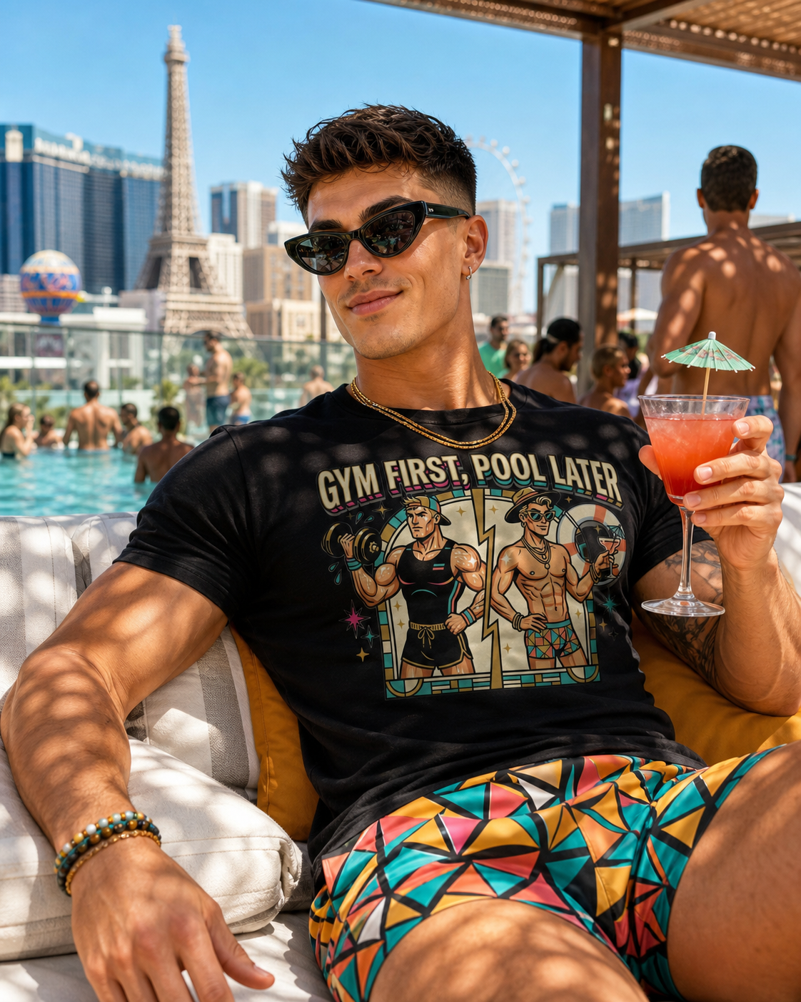 Gym First Pool Later Maximal - Premium Tee - Unisex