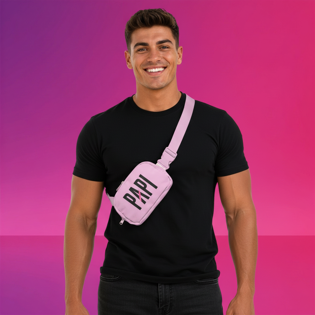 Flaunt It Papi premium nylon sling bag in light blue with bold black lettering and a signature pink slash detail.