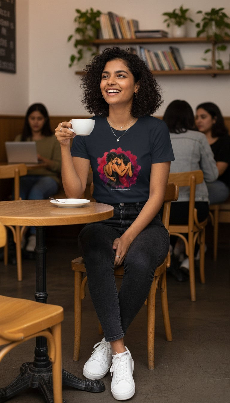 Woman wearing the Una Canción Más Premium Unisex T-Shirt in Navy chatting over coffee at a cafe, with the UNA CANCIÓN MÁS watercolor two women dancing design