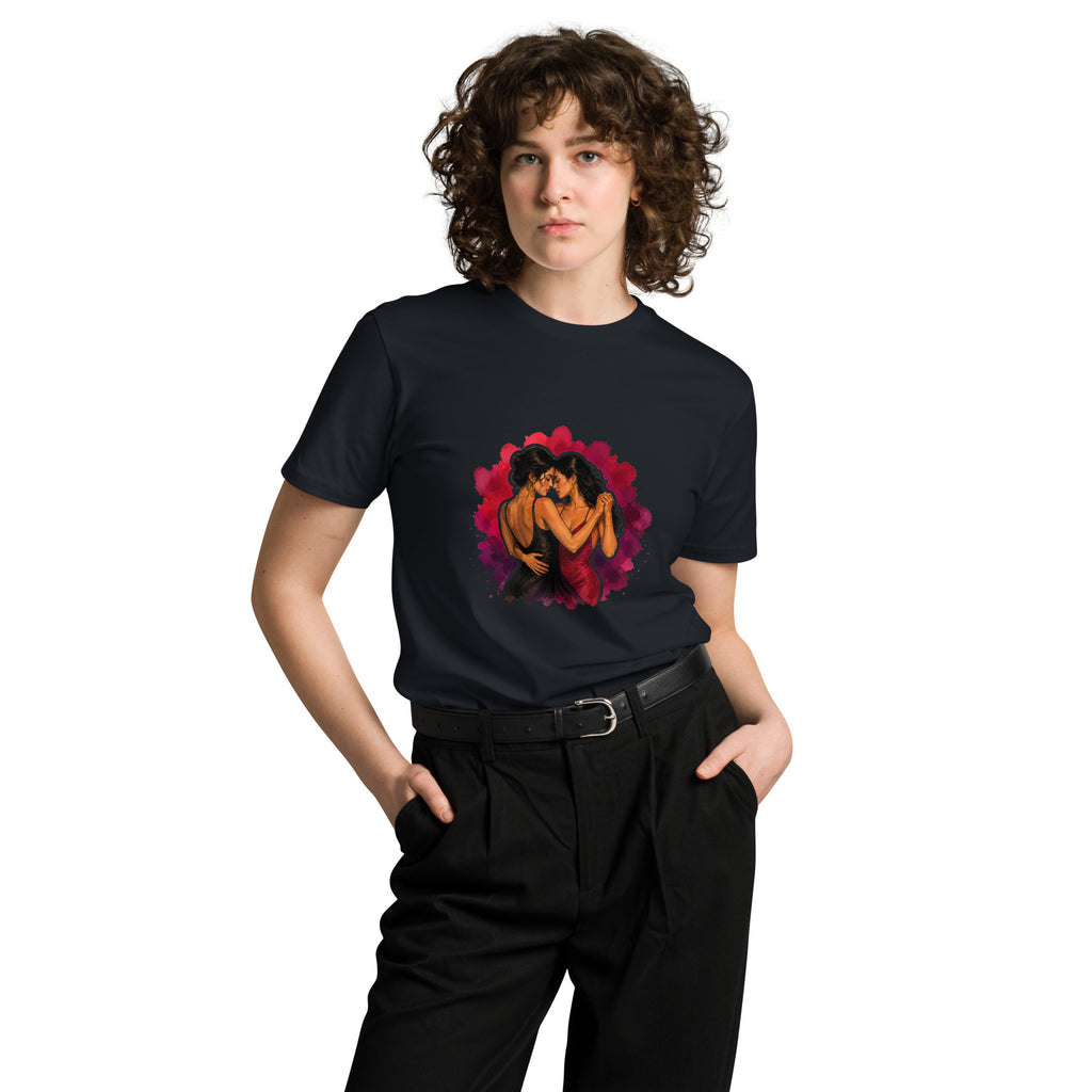 Una Canción Más Premium Unisex T-Shirt in Navy, front view on a model, with the UNA CANCIÓN MÁS watercolor two women dancing design